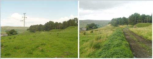 View of dirt path in the North Pennines with and without overhead power lines